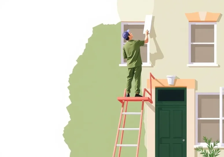 Peintre sur échafaudage traitant la façade d'une maison